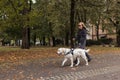 Woman with visual impairment walking with a guide dog through park Royalty Free Stock Photo