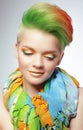 Woman with Vivid Multicolored Bob Haircut and Bright Makeup