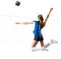 Woman voleyball player isolated ver with net and ball Royalty Free Stock Photo