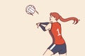 Woman volleyball player tosses ball to score goal for opposing team during tournament or training