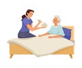 Woman Volunteer Caring of Elderly Lady on Retirement Feeding Her with Spoon Vector Illustration