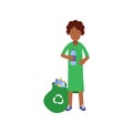 Woman volunteer cartoon character collecting plastic bottles in the bag for recycling, clean world concept