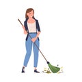 Woman Volunteer Character with Broom Sweeping and Cleaning Street Vector Illustration