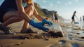 Woman volunteer collects garbage on the beach, Save earth concept, Environmental pollution