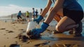 Woman volunteer collects garbage on the beach, Save earth concept, Environmental pollution