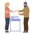 Woman volunteer feeding poor homeless man charity and donation vector flat illustration