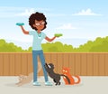 Woman Volunteer Feeding Street Cats with Milk Vector Illustration