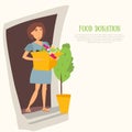 Woman Volunteer with food donation and clothes. Most needed items for banks vector infographics caned meat, socks