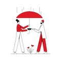Woman volunteer giving food to homeless person and covering from the rain. Charity concept. Line with stroke. Vector flat