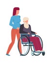 Woman volunteer help old man. Young girl caring for elderly human, social supporting aged people, walking with Royalty Free Stock Photo