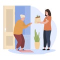 Woman volunteer helping elderly people delivery grocery food home door vector flat illustration