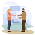Woman volunteer helping homeless man giving hot soup and water vector flat illustration Royalty Free Stock Photo