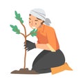 Woman Volunteer Planting Tree Engaged in Freely Labour Activity for Community Service Vector Illustration