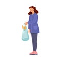 Woman Volunteer Standing Holding Shopping Bag as Charity and Donation Vector Illustration