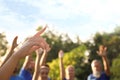 Woman at volunteers meeting. Group of people outdoors