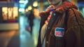 Woman with VOTE badge on her jacket at a polling station. Concept of election day, voting awareness, elections