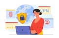 Woman with VPN. Young girl with laptop connects to Internet. Virtual private protocol. Security and protection of Royalty Free Stock Photo