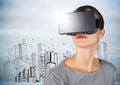 Woman in VR with flare against buildings sketch and grey wood panel Royalty Free Stock Photo