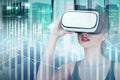 Woman in vr glasses in city, graphs Royalty Free Stock Photo