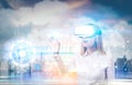 Woman in vr glasses and graphs, city Royalty Free Stock Photo