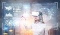 Woman in VR glasses, HUD, graphs, city Royalty Free Stock Photo