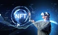 Woman in vr glasses, NFT icons with earth, digital hologram with