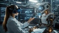 Woman in vr headset engages with humanoid robot in futuristic lab setting with advanced technology