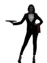 Woman waiter butler holding empty tray silhouette