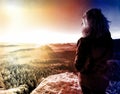 Woman is waiting for sunrise. Abstract of freedom and Peaceful Royalty Free Stock Photo
