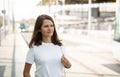 Woman waiting tram on light rail station Royalty Free Stock Photo