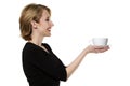 Woman/waitress offering tea/coffee isolated Royalty Free Stock Photo