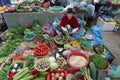 A woman waits for customers at her vegetable stall at the Ba Le market in Hoi An