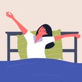 Woman wake up in the morning, stretching in bed with raised arms. Flat vector illlustration of waking up.