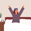 Woman wake up in the morning using blindfold background flat vector cartoon character illustration