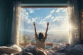 Woman waking up in bed with stretched hand up on a window sill. Cityscape