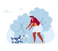 Woman walk with dog in park, vector illustration. Person people, happy pet at nature, young cartoon character together Royalty Free Stock Photo