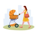 Woman On A Walk With A Stroller vector illustration from family collection. Flat cartoon illustration isolated on white Royalty Free Stock Photo