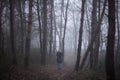 Woman walking alone in dark scary forest Royalty Free Stock Photo