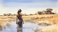 A Woman Walking On Water: Realistic Watercolor Painting In Namibian Marsh