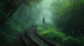 a woman walking along an old railroad track, enveloped by the ethereal mist of the forest, evoking a sense of solitude