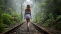 a woman walking along an old railroad track, enveloped by the ethereal mist of the forest, evoking a sense of solitude