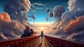 woman walking along a track through clouds, surreal dream scene