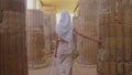 Woman is walking amongst world's oldest known stone columns at Djoser's step pyramid complex.