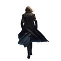 Woman walking away wearing a black trench coat. Black leather trench coat. Transparent PNG background.