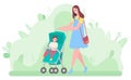 Mother Pushing Perambulator with Baby Child Vector Royalty Free Stock Photo