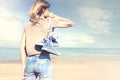 Woman walking barefoot on the beach in freedom Royalty Free Stock Photo