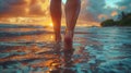 a woman is walking barefoot on the beach at sunset Royalty Free Stock Photo