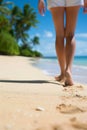 A woman walking on a beach with her feet in the sand, AI Royalty Free Stock Photo