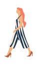 Woman walking. Cartoon young female character in striped jumpsuit and high-heeled shoes. Redhead girl going to work