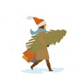 Woman walking with christmas pine tree and shopping bags, side view, isolated vector illustration Royalty Free Stock Photo